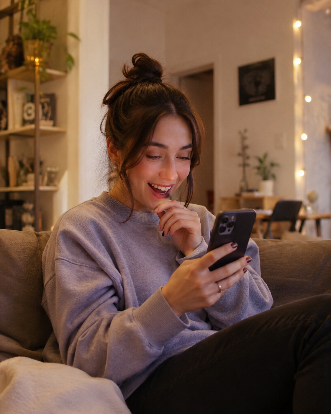 A woman smiling at her phone on a couch, having just found something perfect.