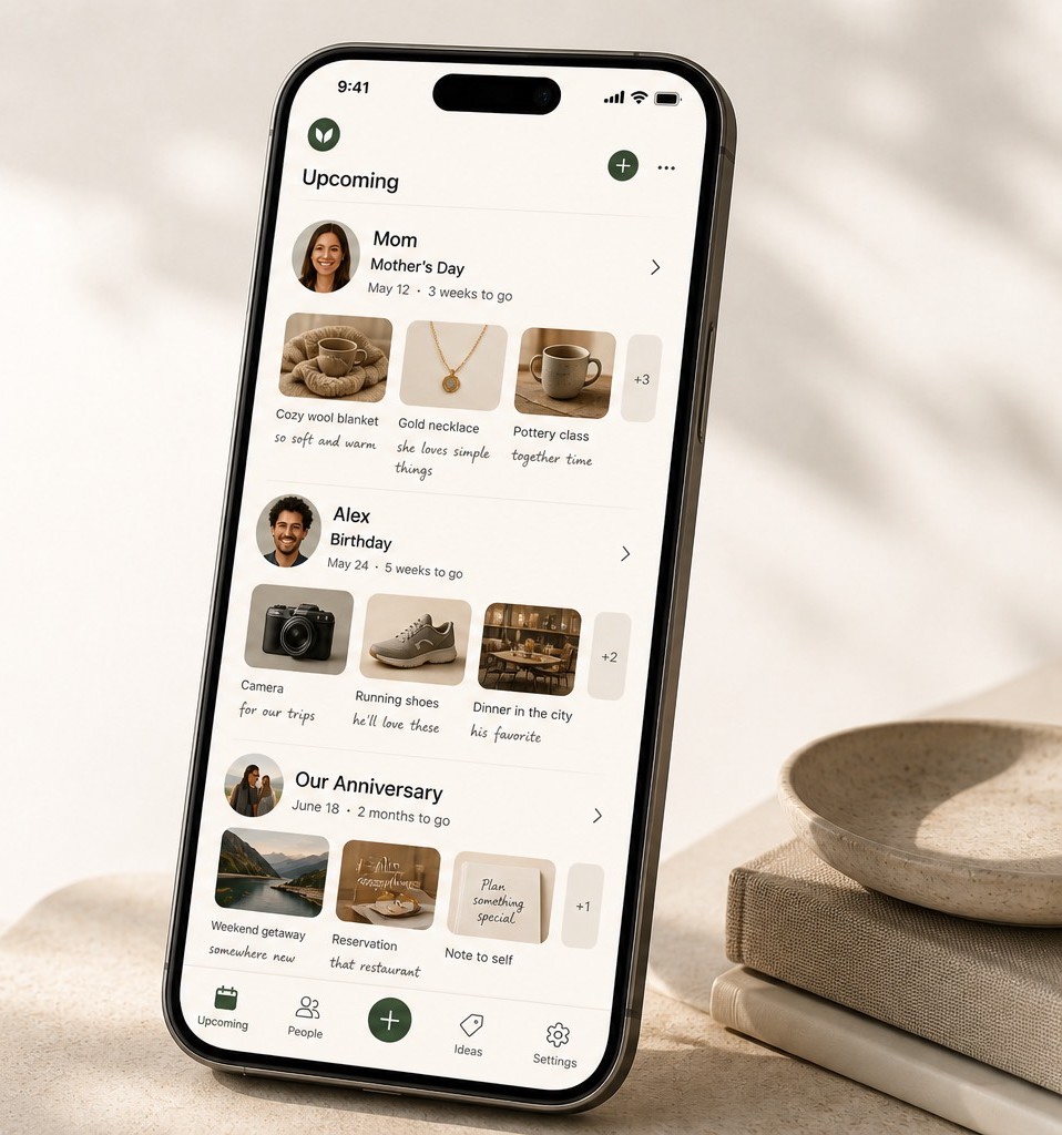 Someday app — Upcoming view with people, dates, and saved ideas