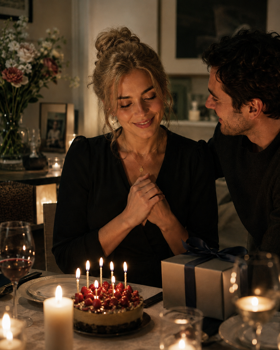 A couple at an intimate candlelit birthday dinner with a cake and a wrapped gift.